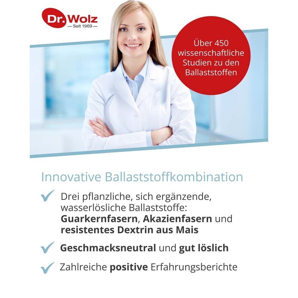 Frau im weißen Kittel. Im Hintergrund Text: Innovative Ballaststoffkombination. Text: 3 pflanzliche, wasserlösliche Ballaststoffe.