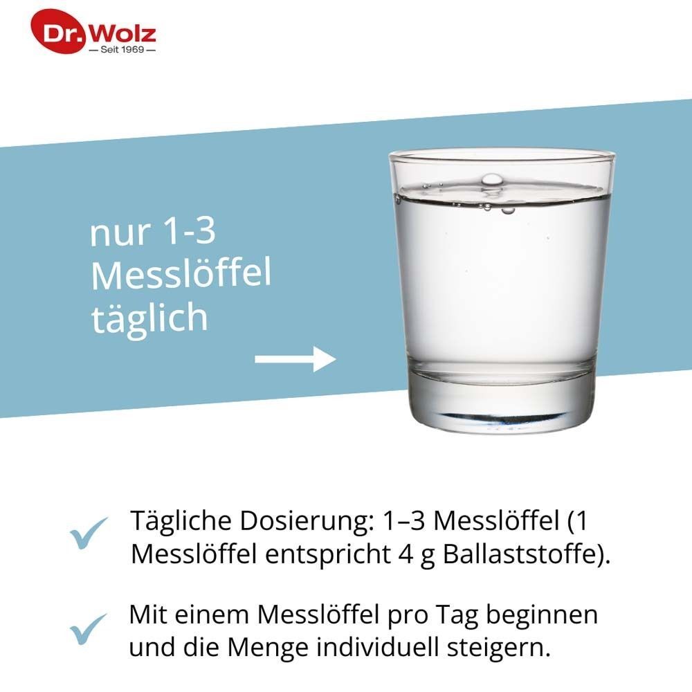 Glas Wasser mit Messlöffel. Text: nur 1-3 Messlöffel täglich. Text: Tägliche Dosierung: 1-3 Messlöffel.