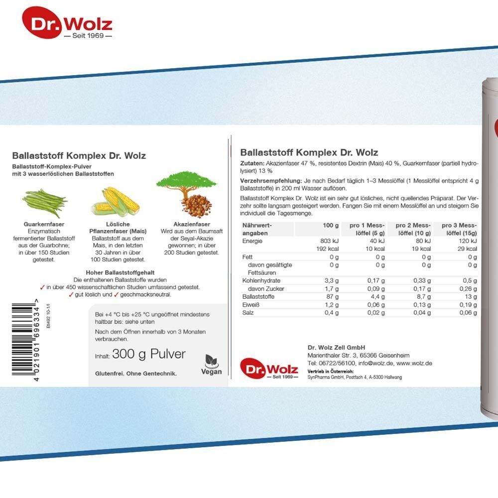 Produktetikett Dr. Wolz Ballaststoff Komplex. Enthält Nährwertangaben und Informationen zu Inhaltsstoffen und Anwendung.