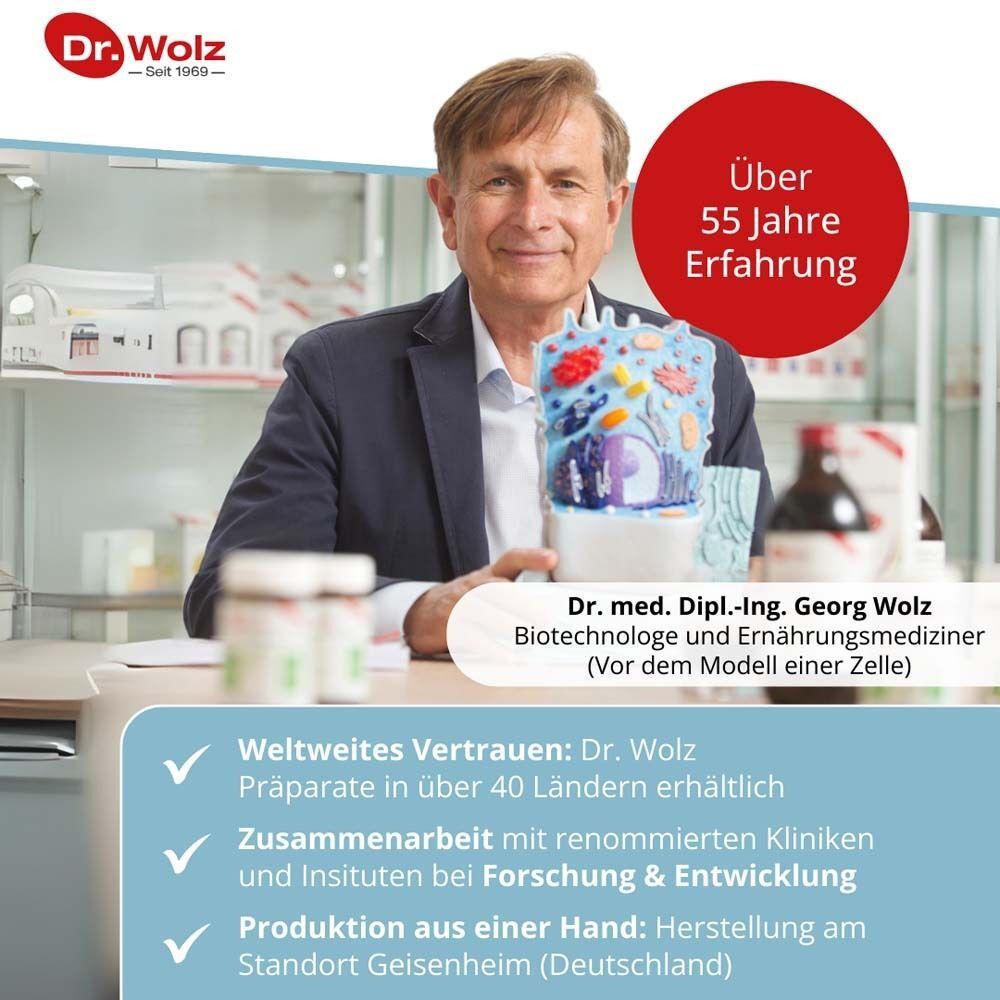 Mann mit Modell einer Zelle. Text: Über 55 Jahre Erfahrung. Text: Weltweites Vertrauen: Dr. Wolz.