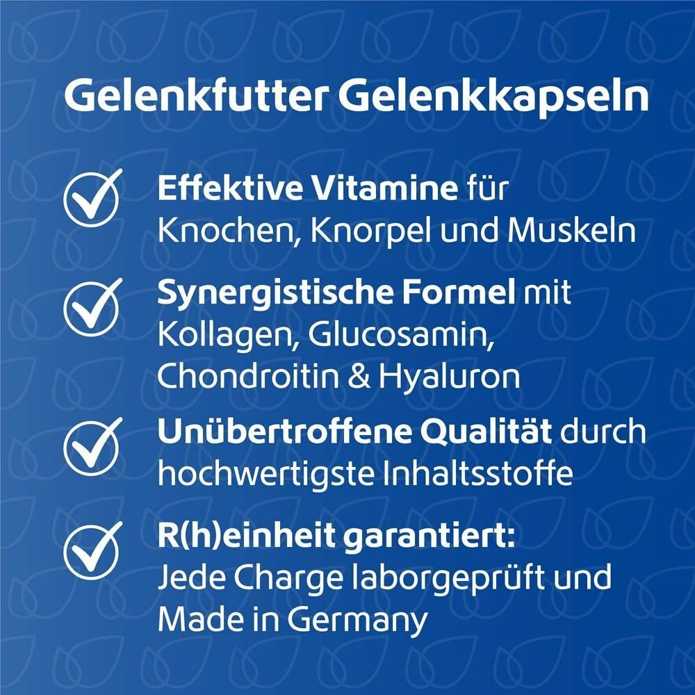 Text auf blauem Hintergrund: Effektive Vitamine, synergistische Formel, unübertroffene Qualität, R(h)einheit garantiert.