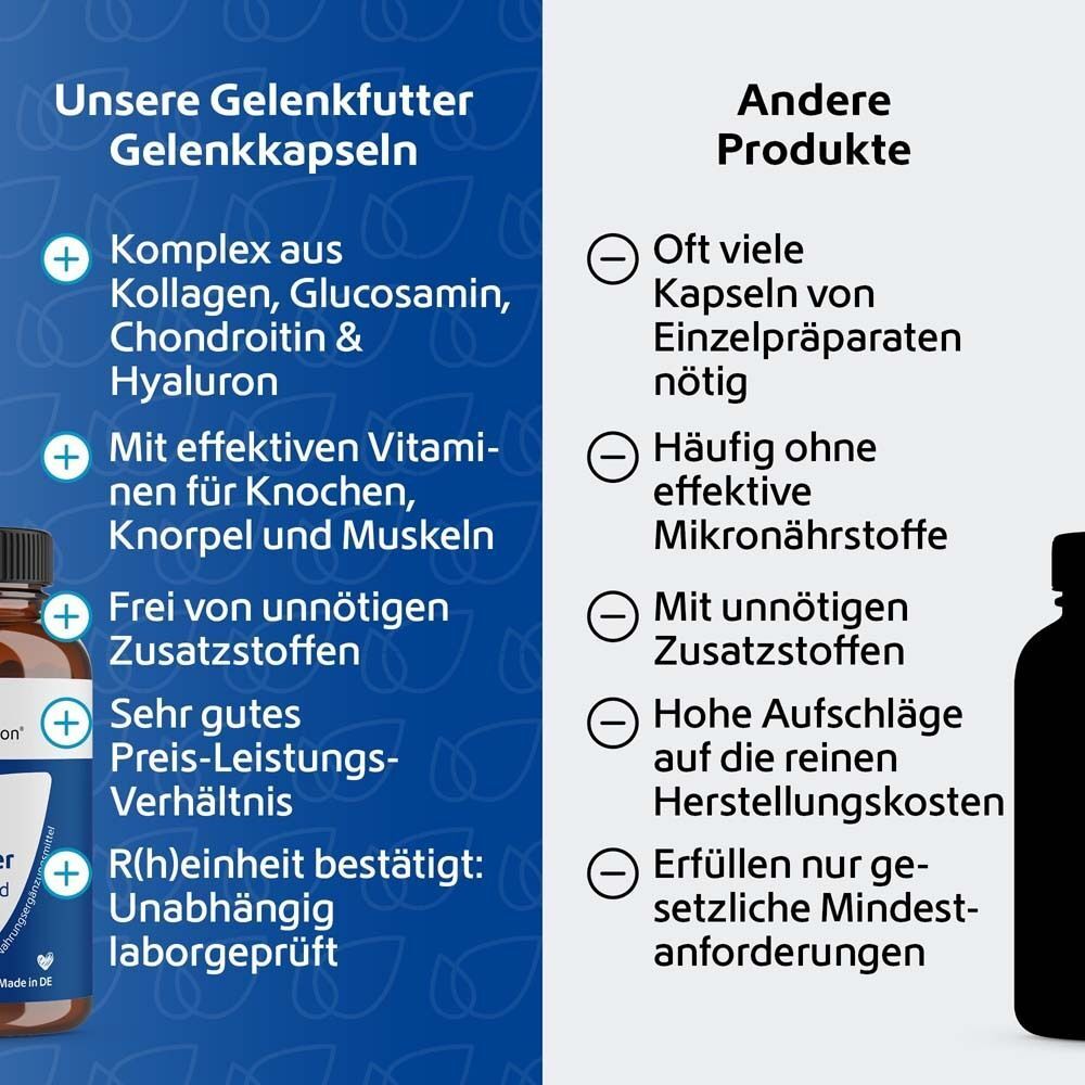 Vergleichstabelle: Vorteile der Gelenkkapseln gegenüber anderen Produkten. Kapsel-Silhouette.