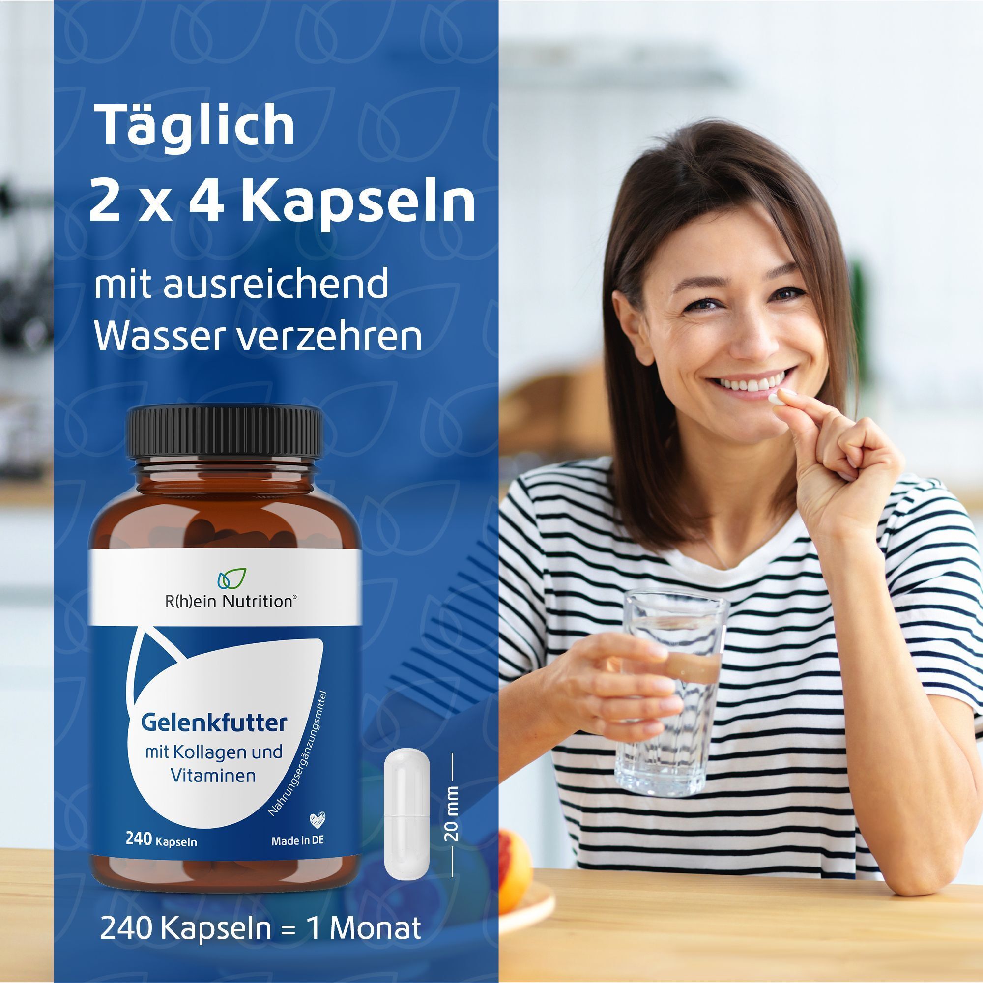 Frau nimmt Kapsel mit Wasser. Flasche mit Aufschrift: Gelenkfutter mit Kollagen und Vitaminen. 240 Kapseln.