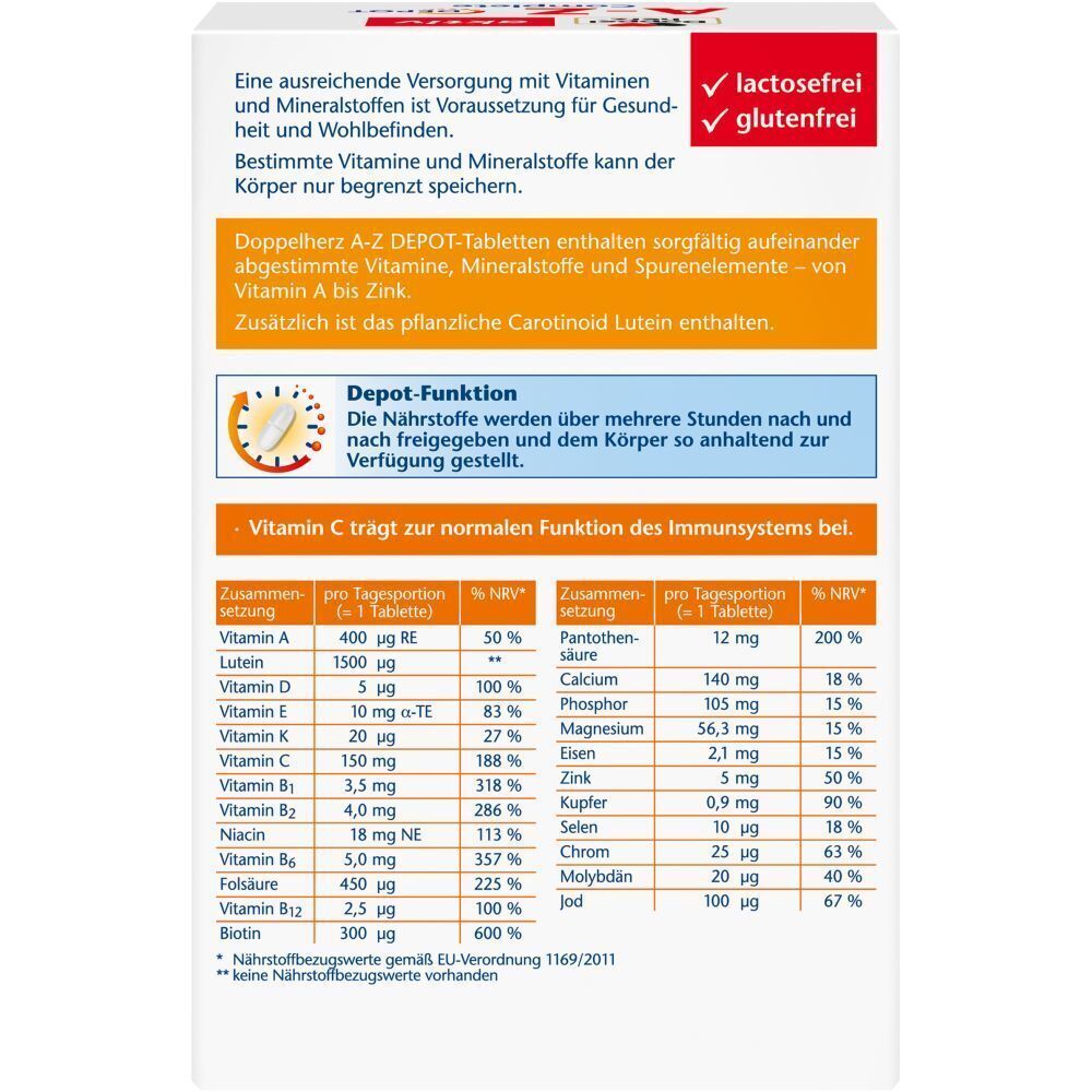 Rückseite der Verpackung mit Inhaltsangaben und Nährwerttabelle. Text in deutscher Sprache. Enthält Informationen zu Vitaminen und Mineralstoffen.