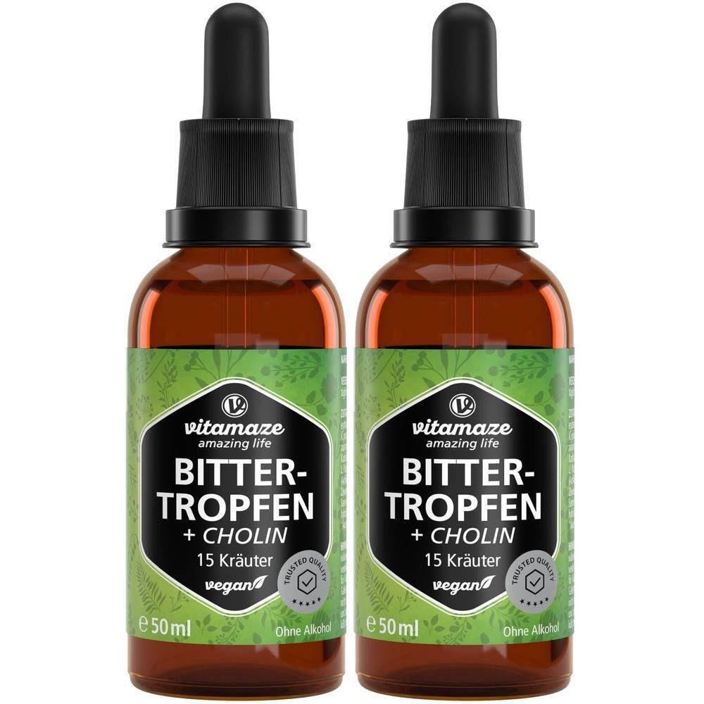 Zwei Flaschen BITTER-TROPFEN mit Pipettenverschluss, je 50ml. Grüne Etiketten mit Pflanzenmotiven.
