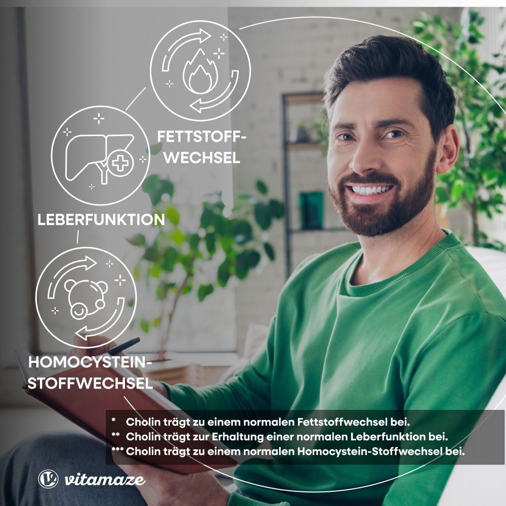 Mann sitzt mit Tablet. Icons zeigen: Leberfunktion, Fettstoffwechsel, Homocystein-Stoffwechsel.