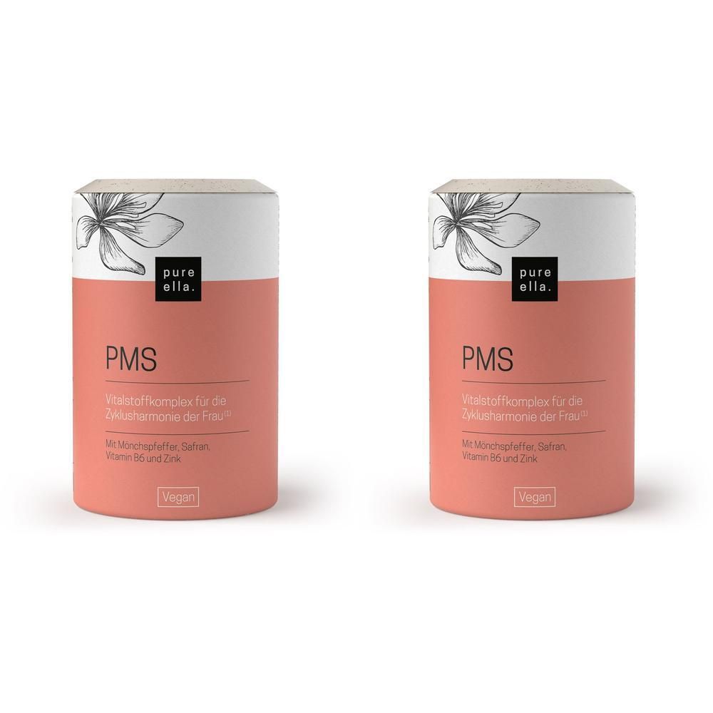 Zwei zylindrische Behälter mit Deckel. Aufschrift PMS, Logo und Text. Rosa-weißes Design. Vegan-Siegel.