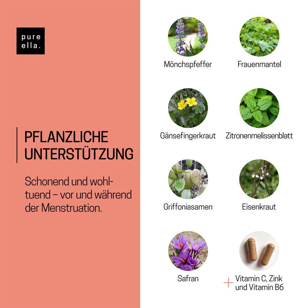 Grafik mit Kräutern und Kapseln. Text: Pflanzliche Unterstützung. Inhaltsstoffe: Mönchspfeffer, Frauenmantel, etc.