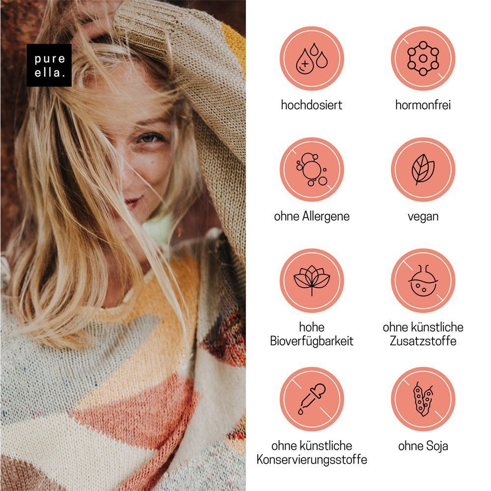 Frau mit blonden Haaren. Kreisförmige Icons: hochdosiert, hormonfrei, ohne Allergene, vegan, etc.