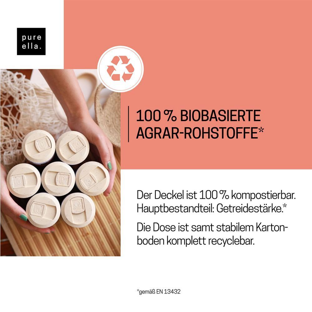 Hände halten Deckel von Behältern. Text: 100% biobasierte Agrar-Rohstoffe. Deckel kompostierbar, Dose recycelbar.