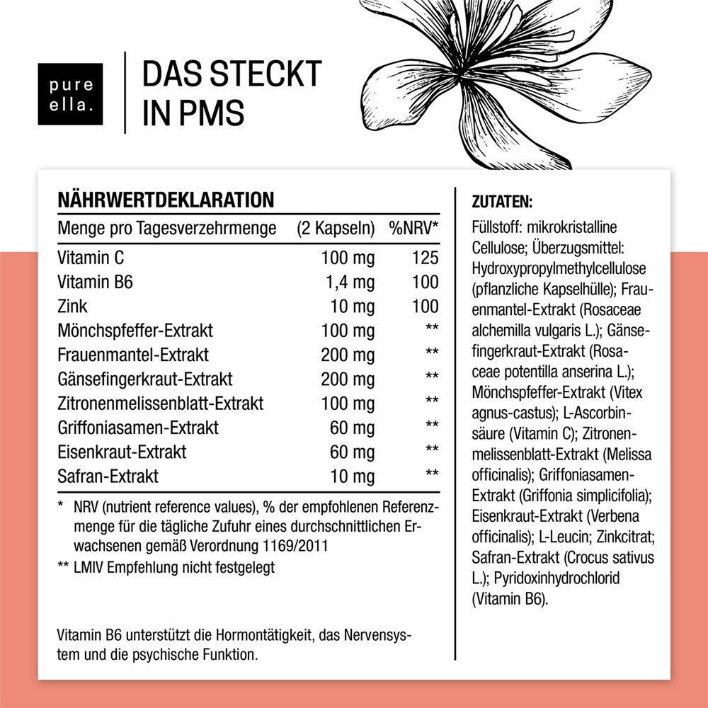 Nährwertdeklaration und Zutatenliste. Inhaltsstoffe: Vitamin C, B6, Zink, Mönchspfeffer-Extrakt, etc. Kapseln.
