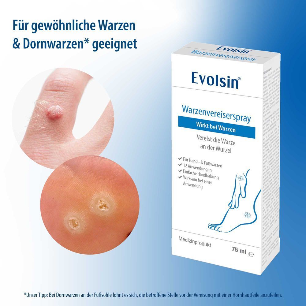 Produktverpackung. Text: Evolsin® Warzenvereiserspray. Geeignet für gewöhnliche Warzen & Dornwarzen. Abbildung von Warzen auf Haut.