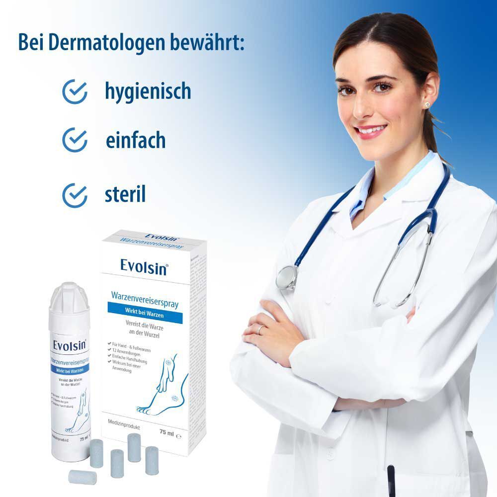 Ärztin mit Produkt. Text: Evolsin® Warzenvereiserspray. Hygienisch, einfach, steril. Produkt und Zubehör auf dem Tisch.