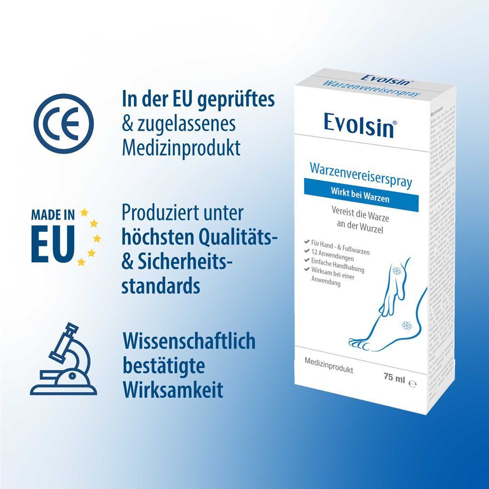 Produktverpackung. Text: Evolsin® Warzenvereiserspray. Geprüftes Medizinprodukt. Hergestellt in der EU. Wissenschaftlich bestätigt.