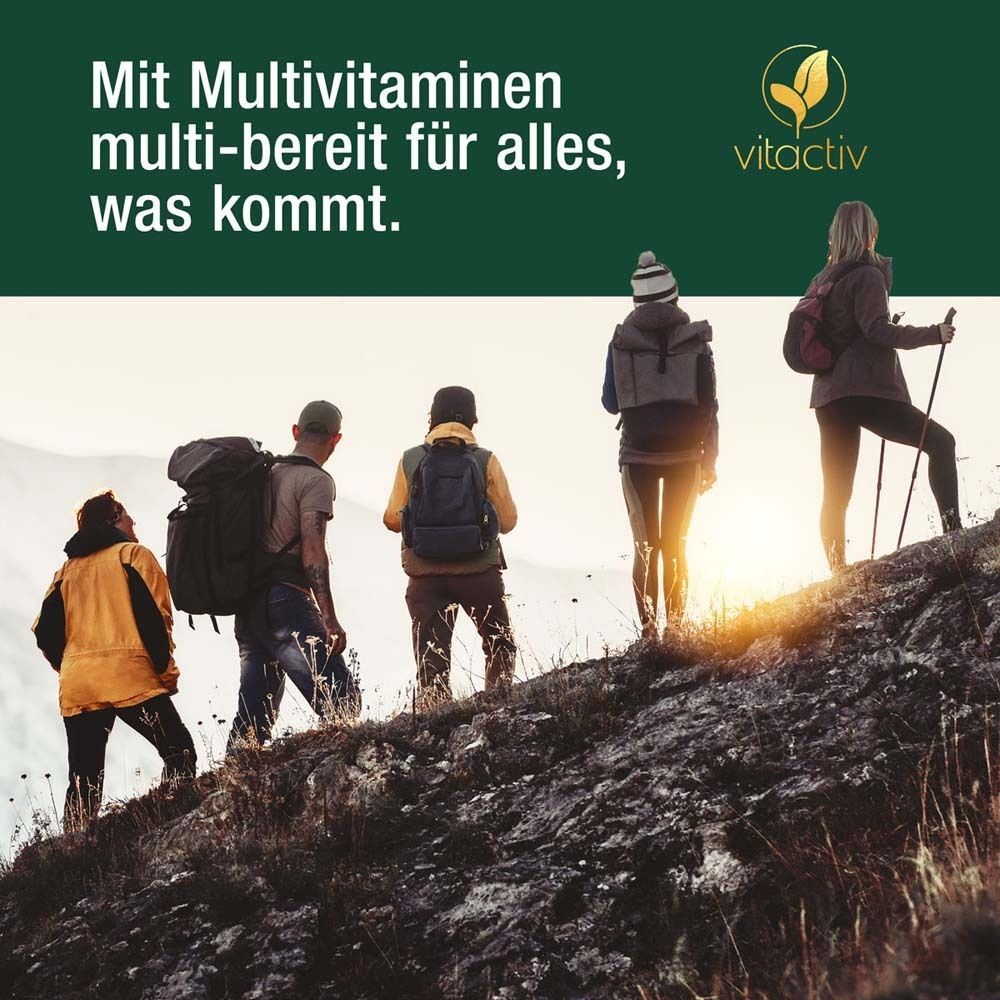 Personen wandern bergauf. Text: Mit Multivitaminen multi-bereit für alles, was kommt. Marke: vitactiv.