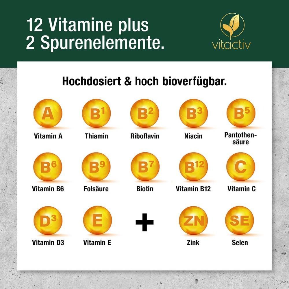 Grafik mit Vitaminen und Spurenelementen. Text: 12 Vitamine plus 2 Spurenelemente. Marke: vitactiv.