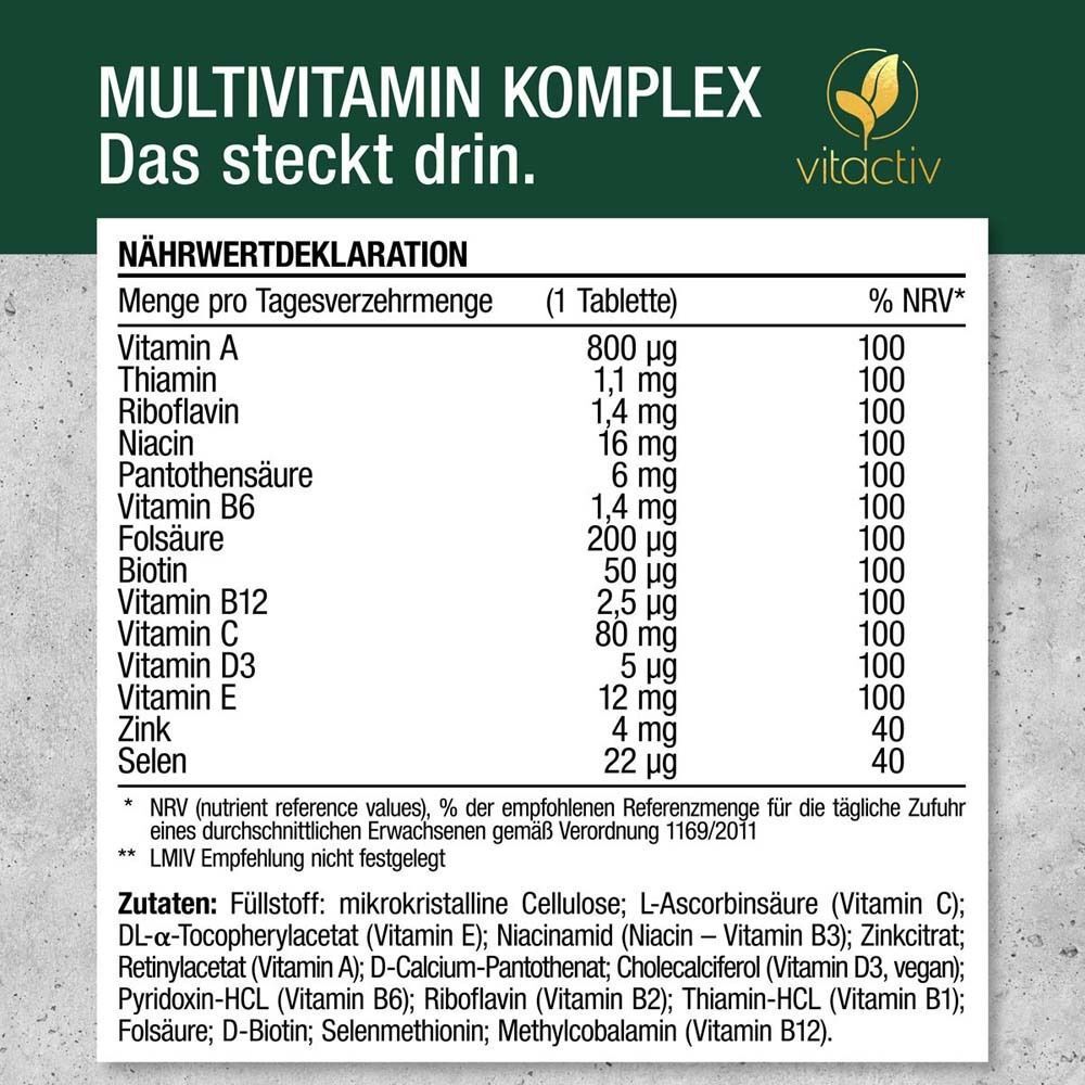 Nährwerttabelle für MULTIVITAMIN KOMPLEX. Enthält Vitamine und Mineralstoffe. Marke: vitactiv.
