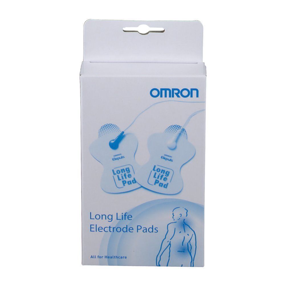 Verpackung mit zwei Elektrodenpads. Marke: OMRON. Aufschrift: "Long Life Electrode Pads". Abbildung einer Person.