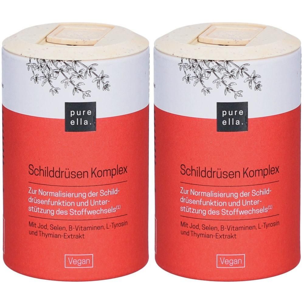 Zwei zylindrische Behälter mit roter und weißer Oberfläche. Aufschrift: Schilddrüsen Komplex, pure ella. Vegan. Enthält Jod, Selen, B-Vitamine.