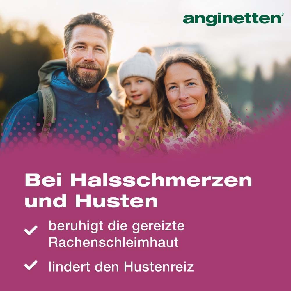 Familie im Freien. Text: Bei Halsschmerzen und Husten. Beruhigt die gereizte Rachenschleimhaut. Lindert den Hustenreiz. Logo ANGINETTEN.