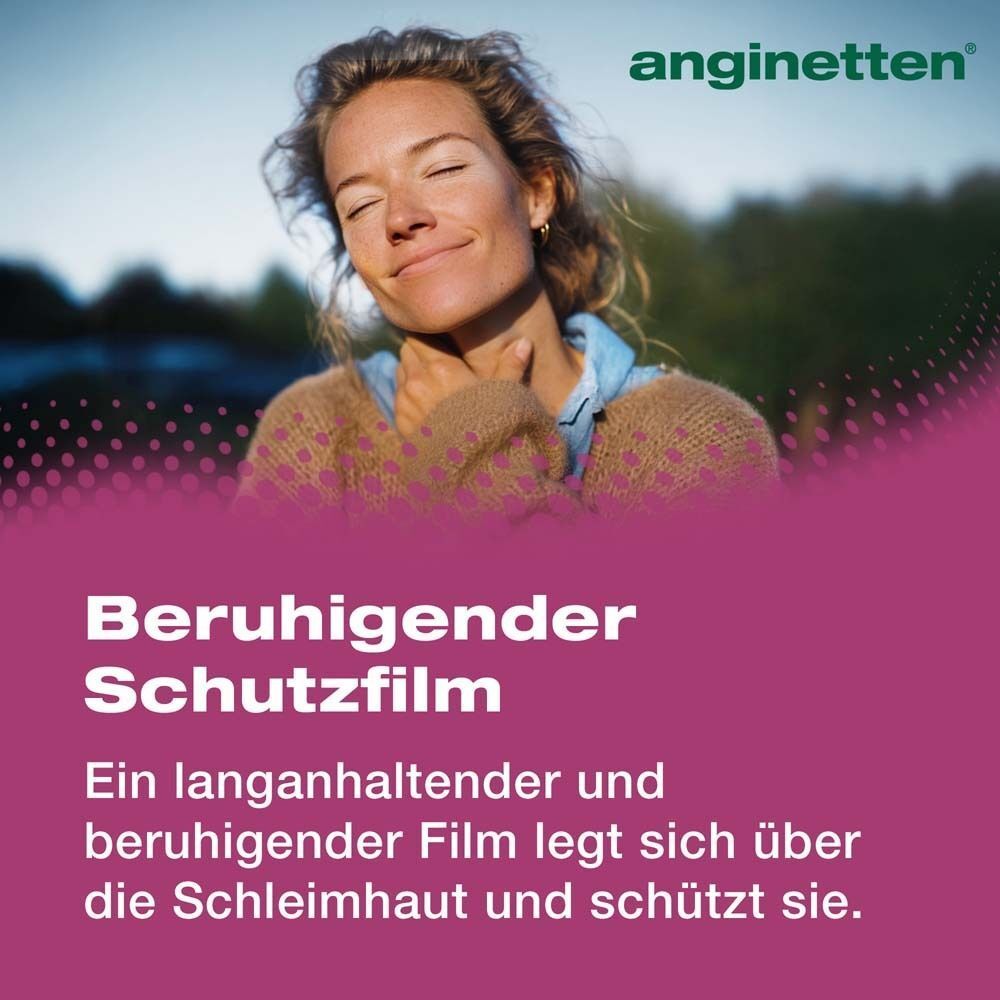 Frau mit geschlossenen Augen, berührt ihren Hals. Text: Beruhigender Schutzfilm. Ein langanhaltender Film legt sich über die Schleimhaut und schützt sie. Logo ANGINETTEN.