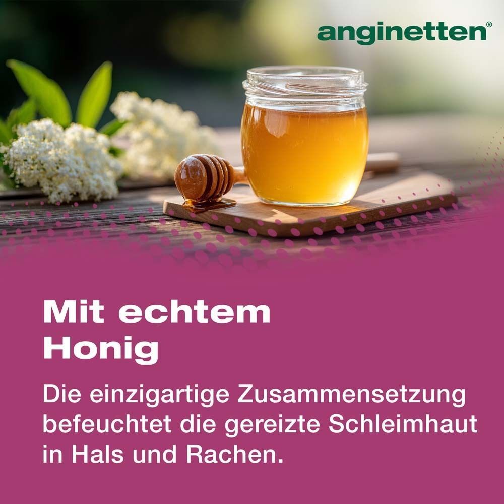 Honigglas mit Honig und Honiglöffel. Text: Mit echtem Honig. Die einzigartige Zusammensetzung befeuchtet die gereizte Schleimhaut. Logo ANGINETTEN.