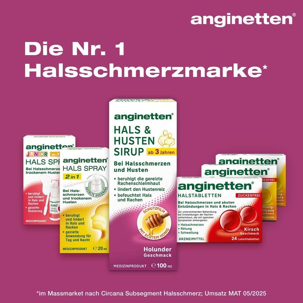 Verschiedene ANGINETTEN Produkte. Text: Die Nr. 1 Halsschmerzmarke. Produkte: Hals & Husten Sirup, Halstabletten, Halsspray, Junior. Logo ANGINETTEN.