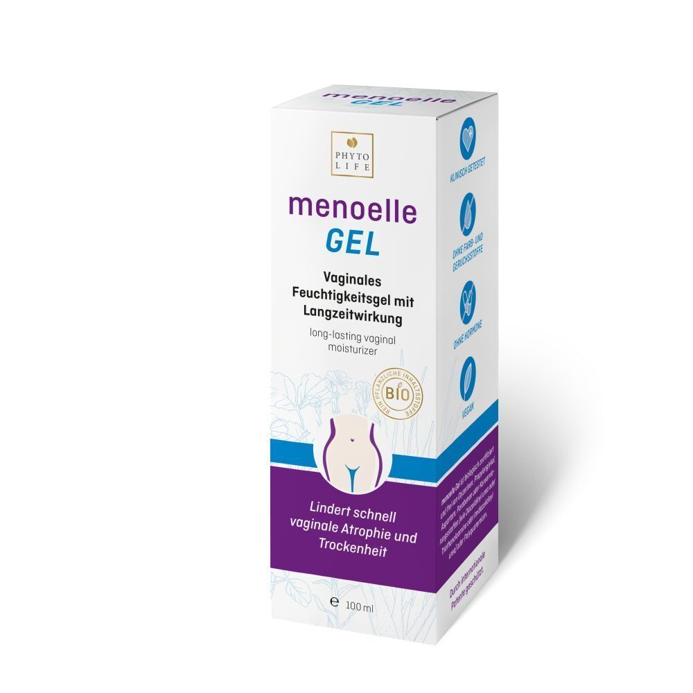 Weißer Karton mit "menoelle GEL" Schriftzug. Text: Vaginales Feuchtigkeitgel mit Langzeitwirkung. Bio-Siegel und Abbildung.