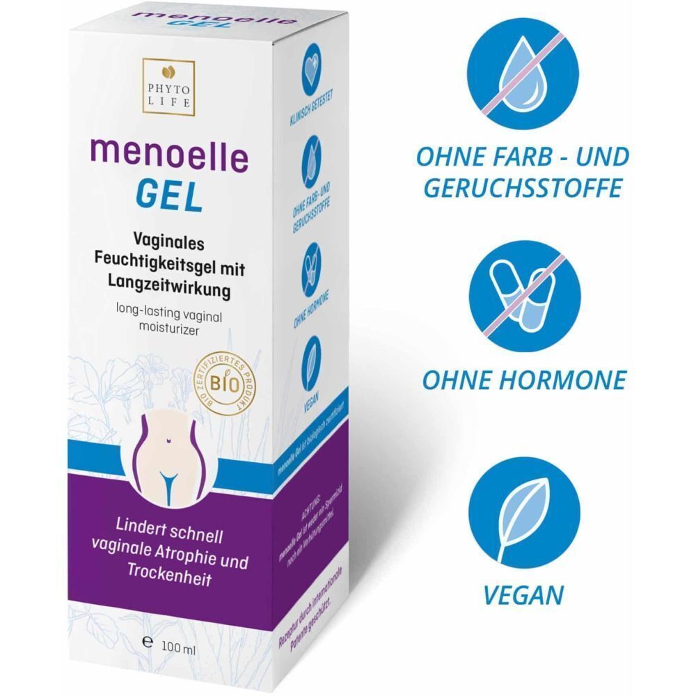 Weißer Karton mit "menoelle GEL". Text: Vaginales Feuchtigkeitgel mit Langzeitwirkung. Bio-Siegel. Ohne Farb-, Geruchsstoffe, Hormone, Vegan.