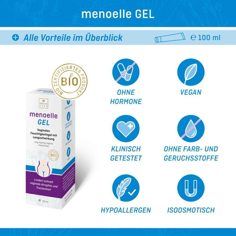 Karton mit "menoelle GEL". Text: Vaginales Feuchtigkeitgel. Bio-Siegel. Ohne Hormone, klinisch getestet, vegan, hypoallergen, isoosmotisch.