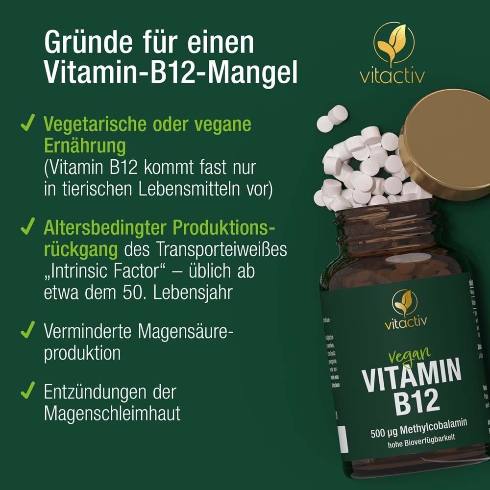 Eine Flasche vitactiv Vitamin B12 Tabletten. Text: Gründe für einen Vitamin-B12-Mangel. Tabletten daneben.