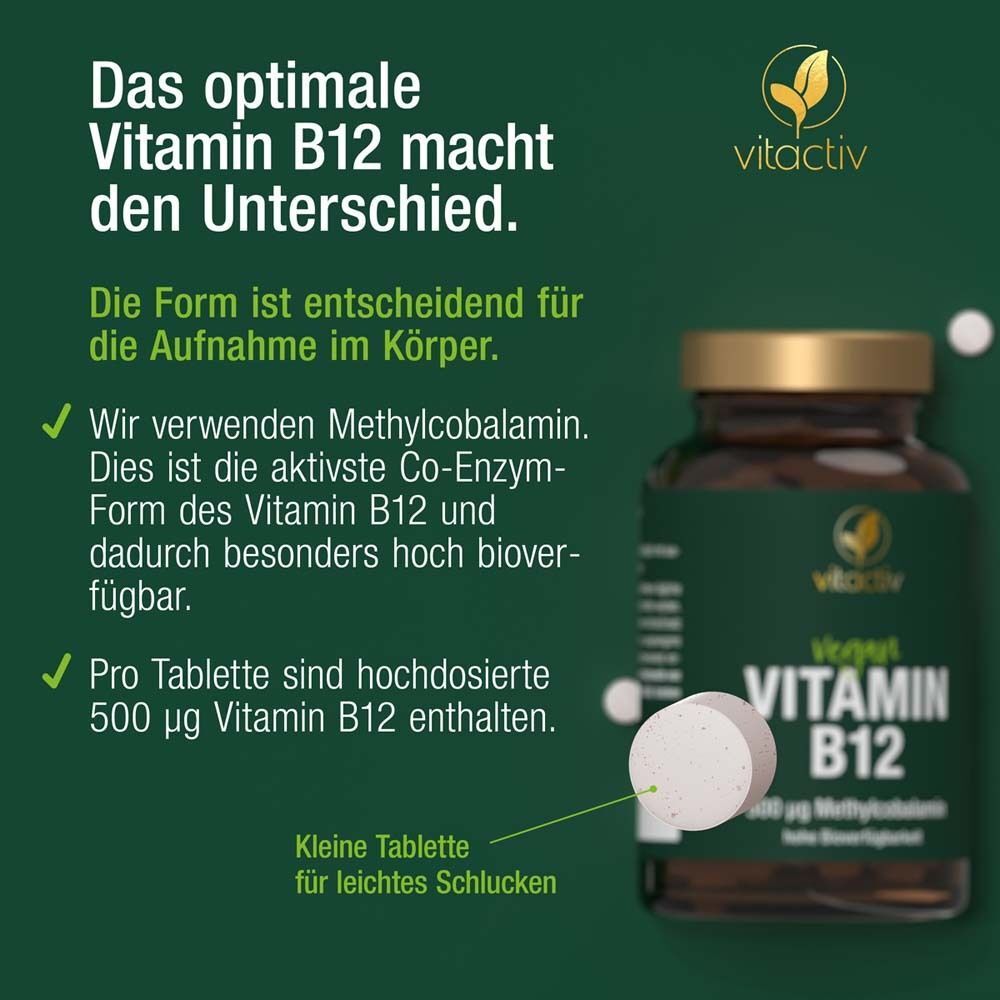 Eine Flasche vitactiv Vitamin B12 Tabletten. Text: Das optimale Vitamin B12 macht den Unterschied. Tablette.