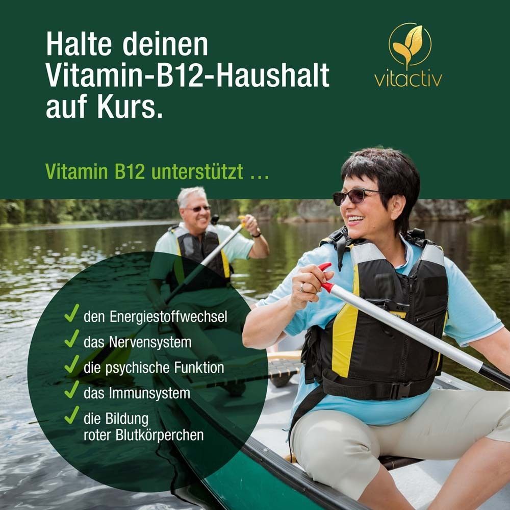 Zwei Personen paddeln im Kanu. Text: Halte deinen Vitamin-B12-Haushalt auf Kurs. Vitamin B12 unterstützt...
