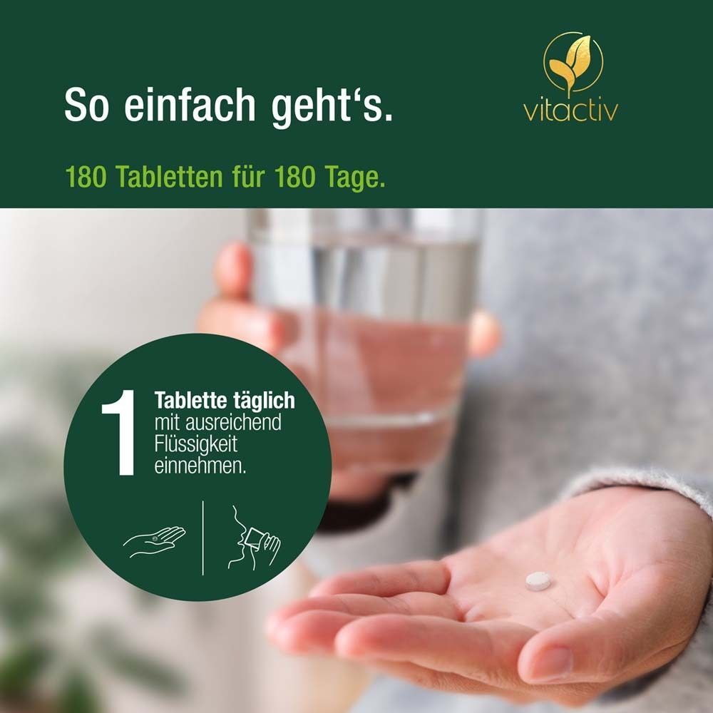 Hand hält eine Tablette und ein Glas Wasser. Text: So einfach geht's. 1 Tablette täglich mit Flüssigkeit.