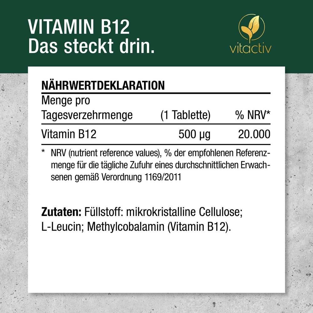 Text: VITAMIN B12. Nährwertdeklaration: 500 µg Vitamin B12 pro Tablette.