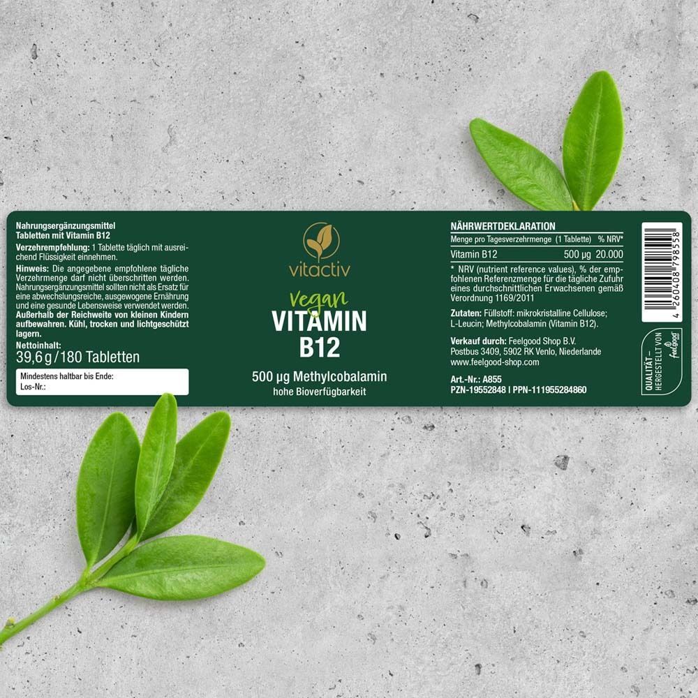 Etikett von vitactiv Vitamin B12 Tabletten. Text: 500 µg Methylcobalamin. Nährwertdeklaration.