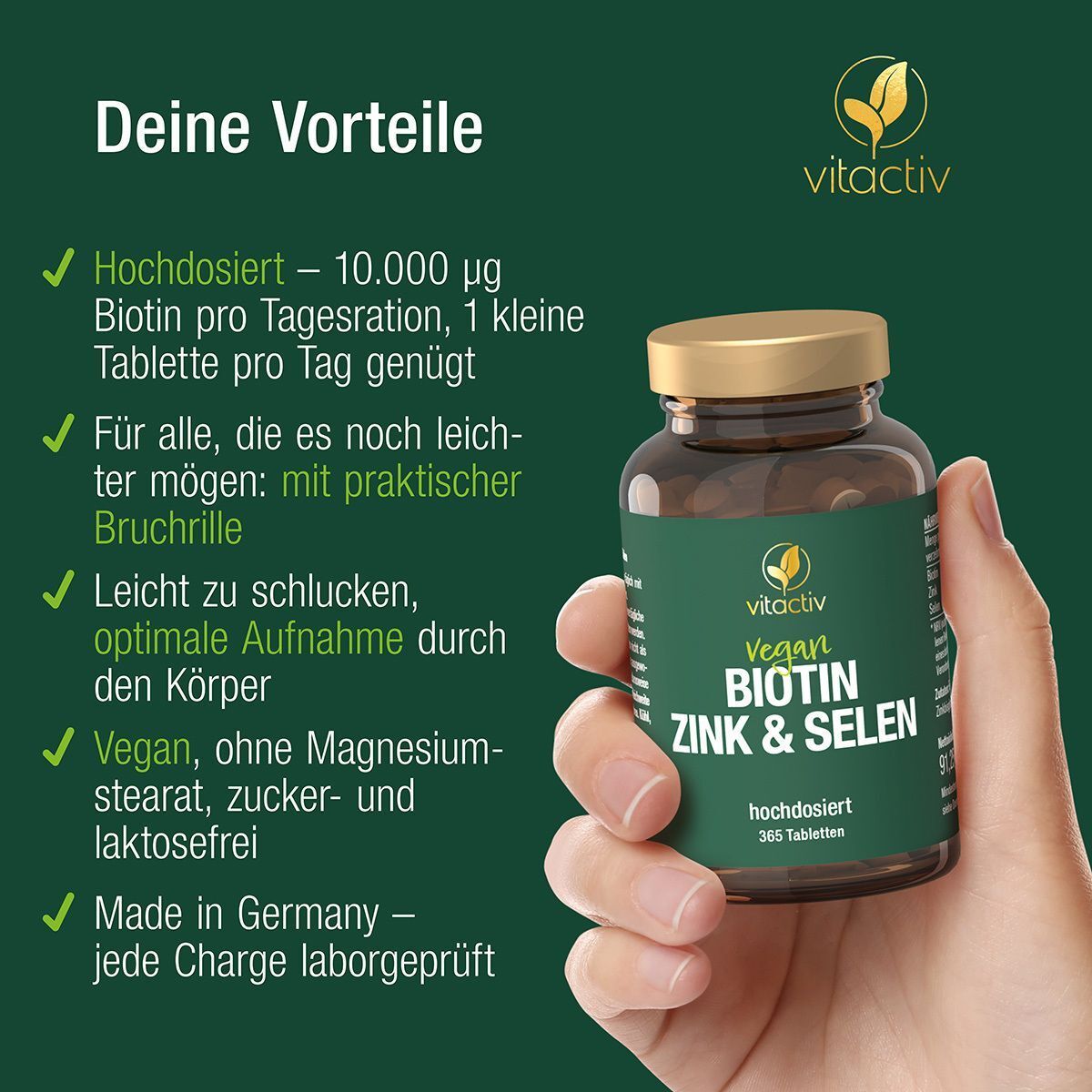 Hand hält eine Flasche "Vegan Biotin Zink & Selen". Text: Vorteile, 10.000 µg Biotin.