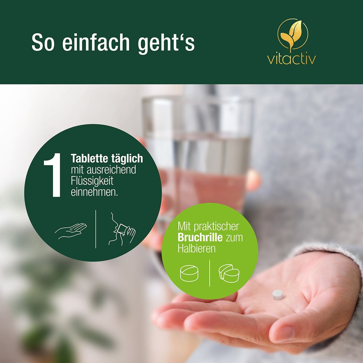 Person nimmt Tablette mit Wasser ein. Tablette wird halbiert.