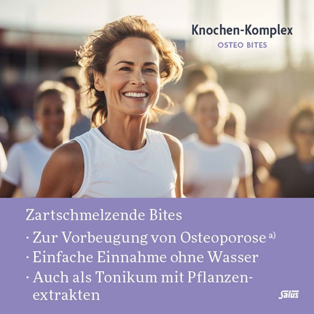 Lächelnde Frau mittleren Alters beim Joggen, bewirbt Salus Knochen-Komplex Osteo Bites.
