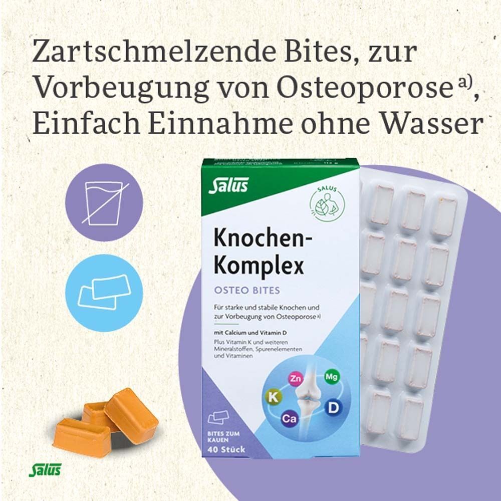 Salus Knochen-Komplex Osteo Bites Packung mit 40 Stück und Blisterpackung, zartschmelzende Bites.