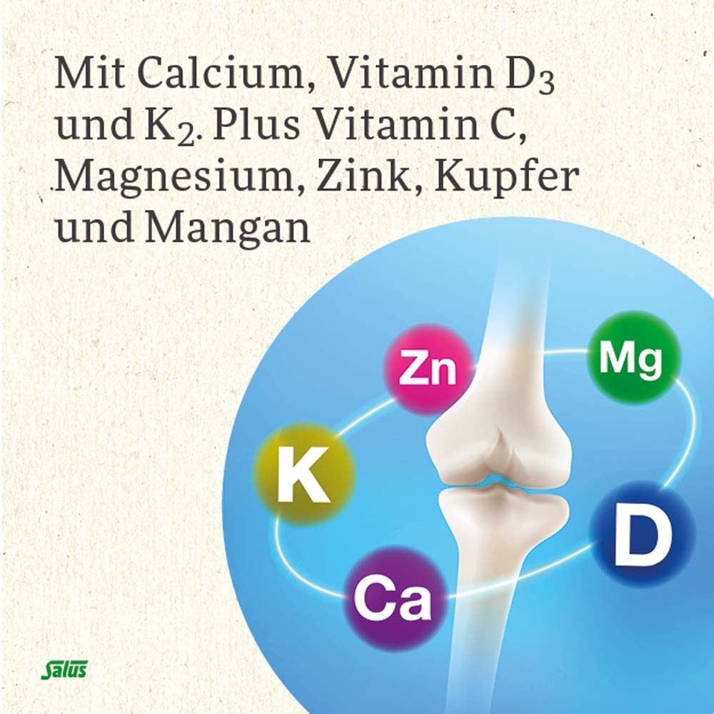 Grafik mit Knochen und Symbolen für Calcium, Vitamin D, K, Zink, Magnesium und Kupfer.