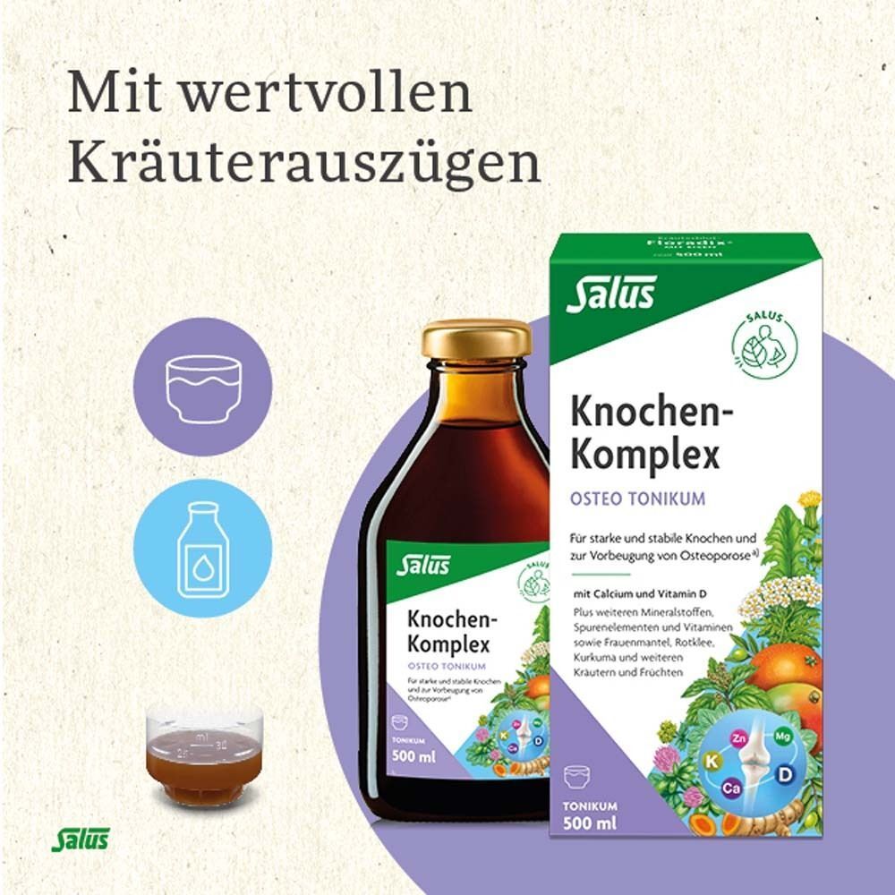 Flasche Salus Knochen-Komplex Osteo Tonikum 500 ml mit Kräuterauszügen und Messbecher.
