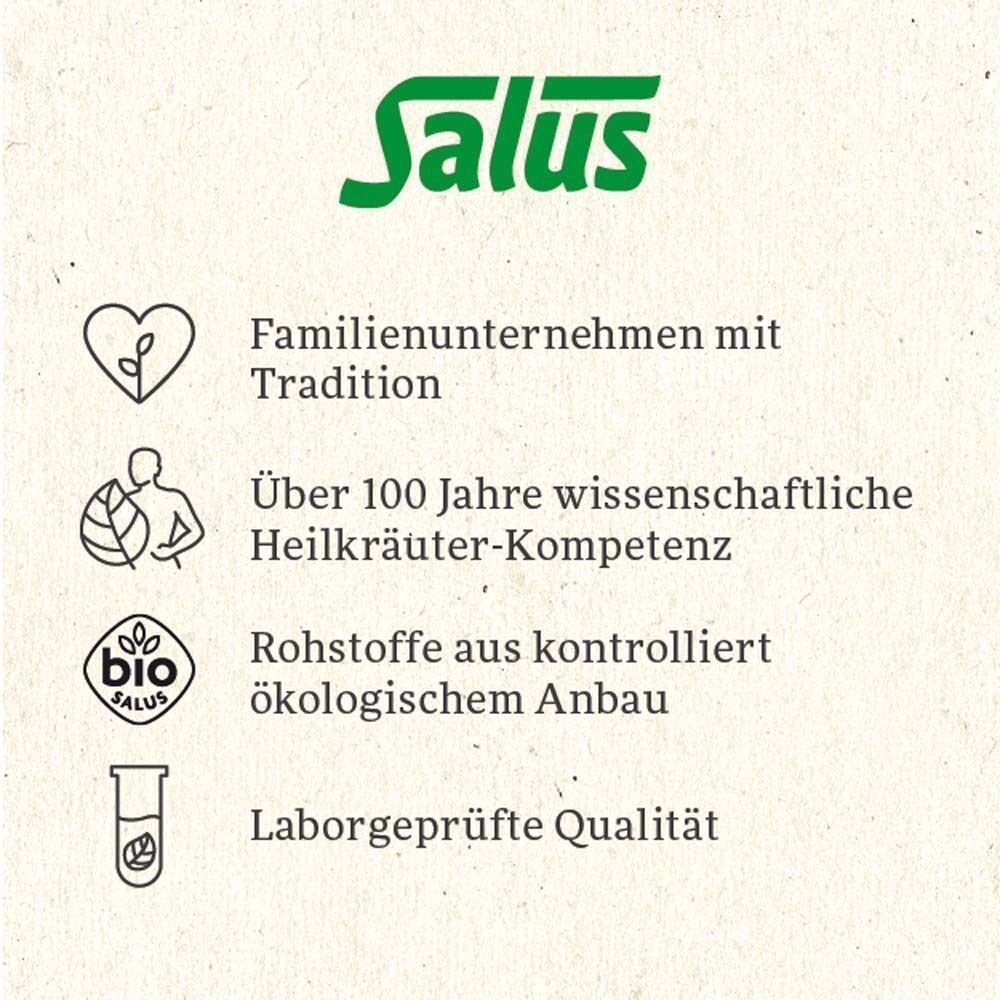 Salus Siegel: Familienunternehmen, Heilkräuter-Kompetenz, Bio-Rohstoffe, Laborgeprüfte Qualität.