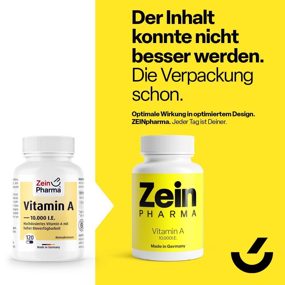 Zwei Flaschen Vitamin A. Links: Original. Rechts: Optimiertes Design. Gelber Hintergrund mit Text: Der Inhalt konnte nicht besser werden. Die Verpackung schon.