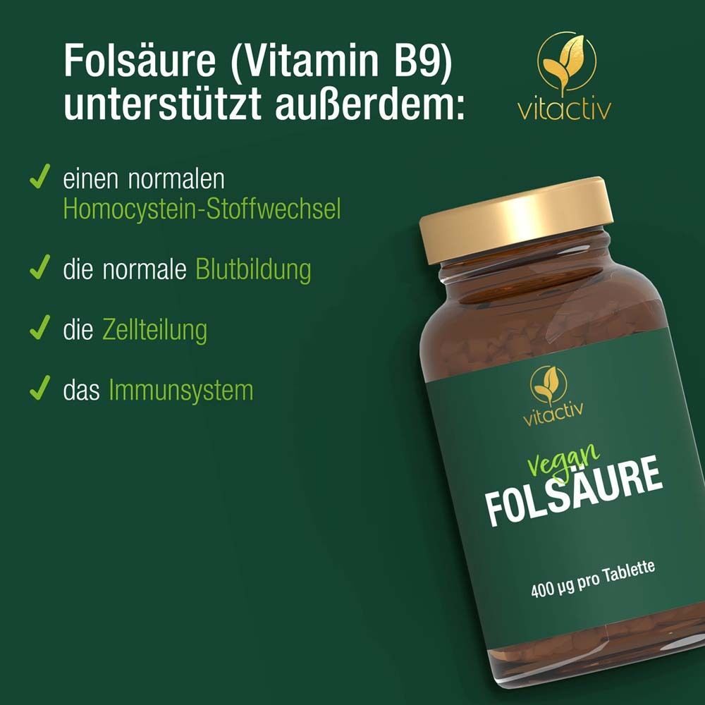 Flasche mit Tabletten. Text: Folsäure (Vitamin B9) unterstützt außerdem: Homocystein-Stoffwechsel, Blutbildung, Zellteilung, Immunsystem. Logo: vitactiv.