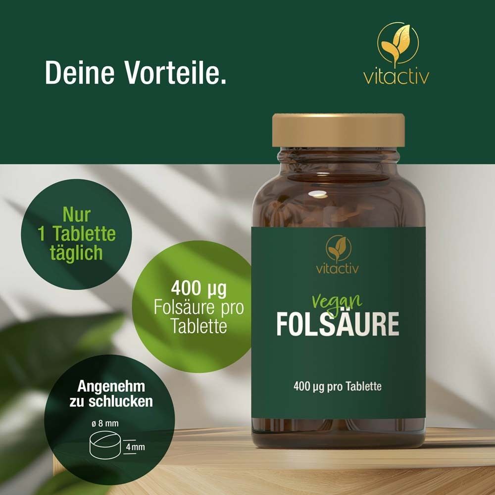 Flasche mit Tabletten. Text: Nur 1 Tablette täglich, 400 µg Folsäure pro Tablette. Abmessungen der Tablette. Logo: vitactiv.