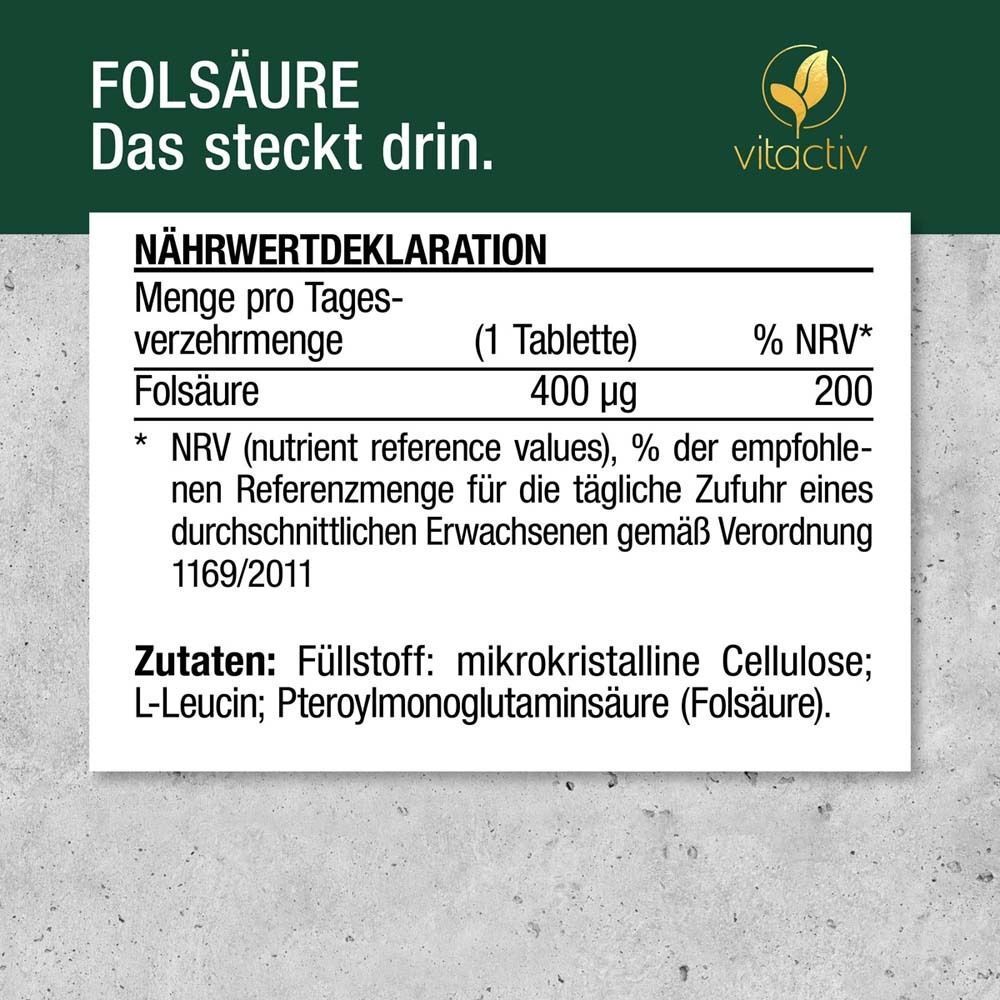 Nährwertdeklaration: Folsäure 400 µg, % NRV 200. Zutaten: mikrokristalline Cellulose, L-Leucin, Pteroylmonoglutaminsäure.