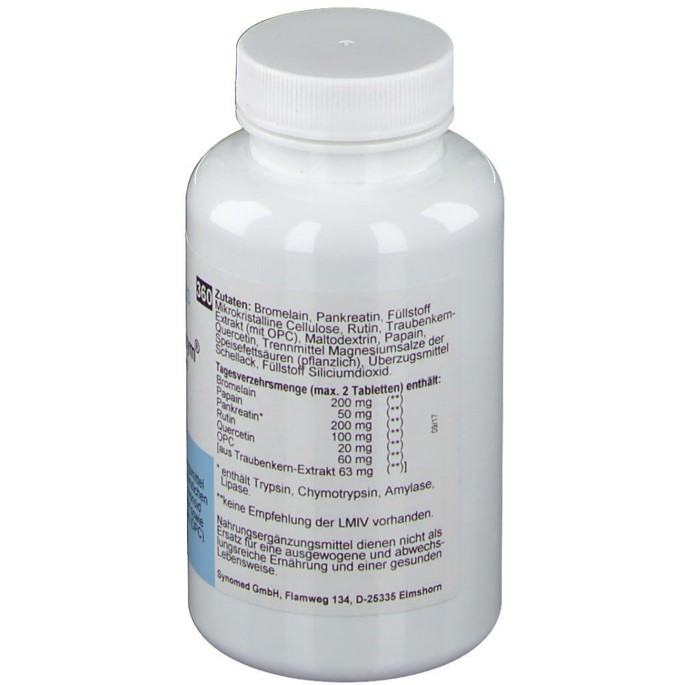 Weiße Flasche mit Schraubverschluss. Aufschrift: SYNOMED, Pankreazym Tabletten. Zutatenliste und Nährwertangaben.