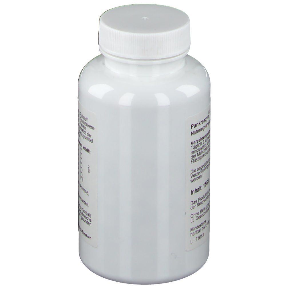 Weiße Flasche mit Schraubverschluss. Aufschrift und Etikett mit Produktinformationen. Rückansicht.