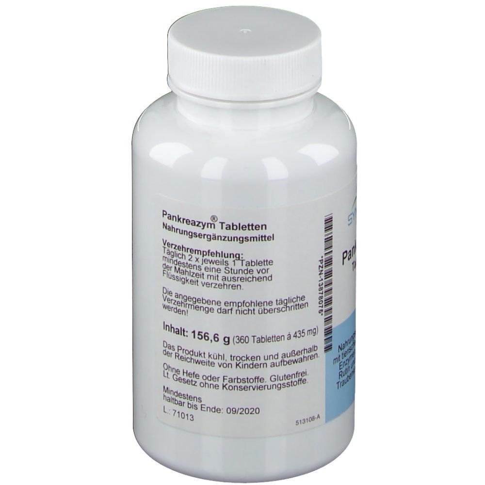 Weiße Flasche mit Schraubverschluss. Aufschrift: Pankreazym Tabletten. Nährwertangaben und Verzehrempfehlung.